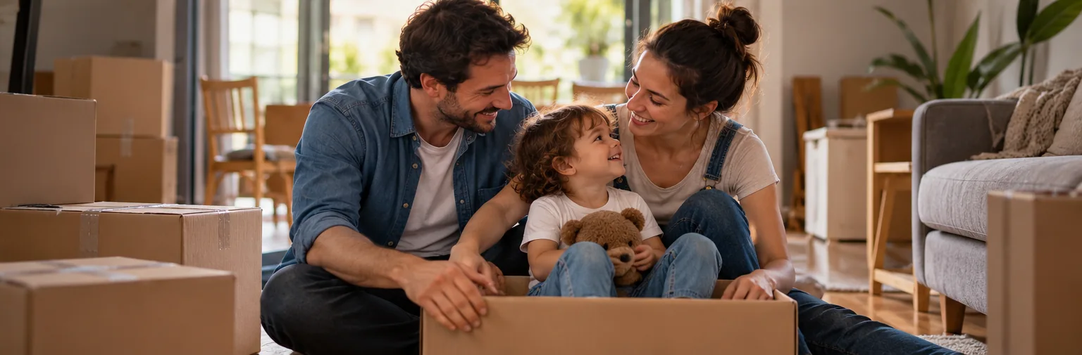 Imagem ilustrativa de uma família com criança em casa durante a organização de uma mudança
