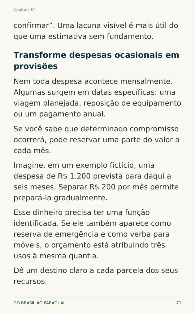 Página do guia sobre provisões e orçamento